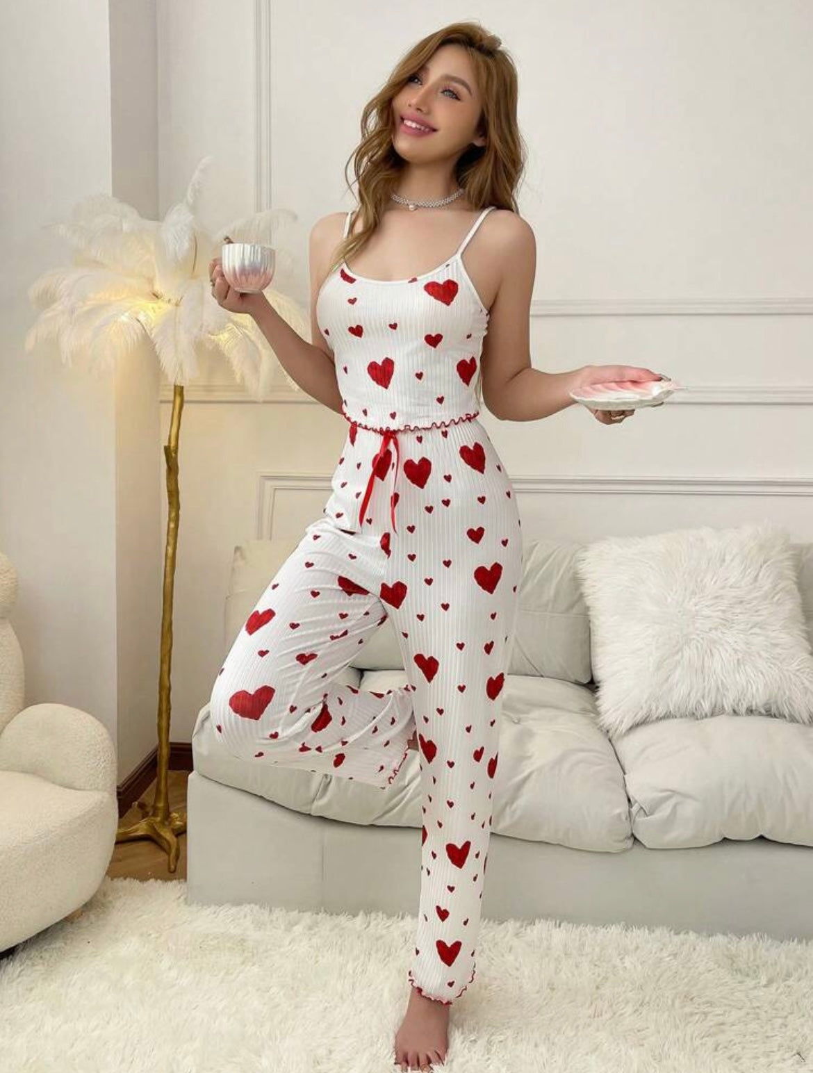 Women
Heart Print Cami Tank Top And Long Pants Pajama