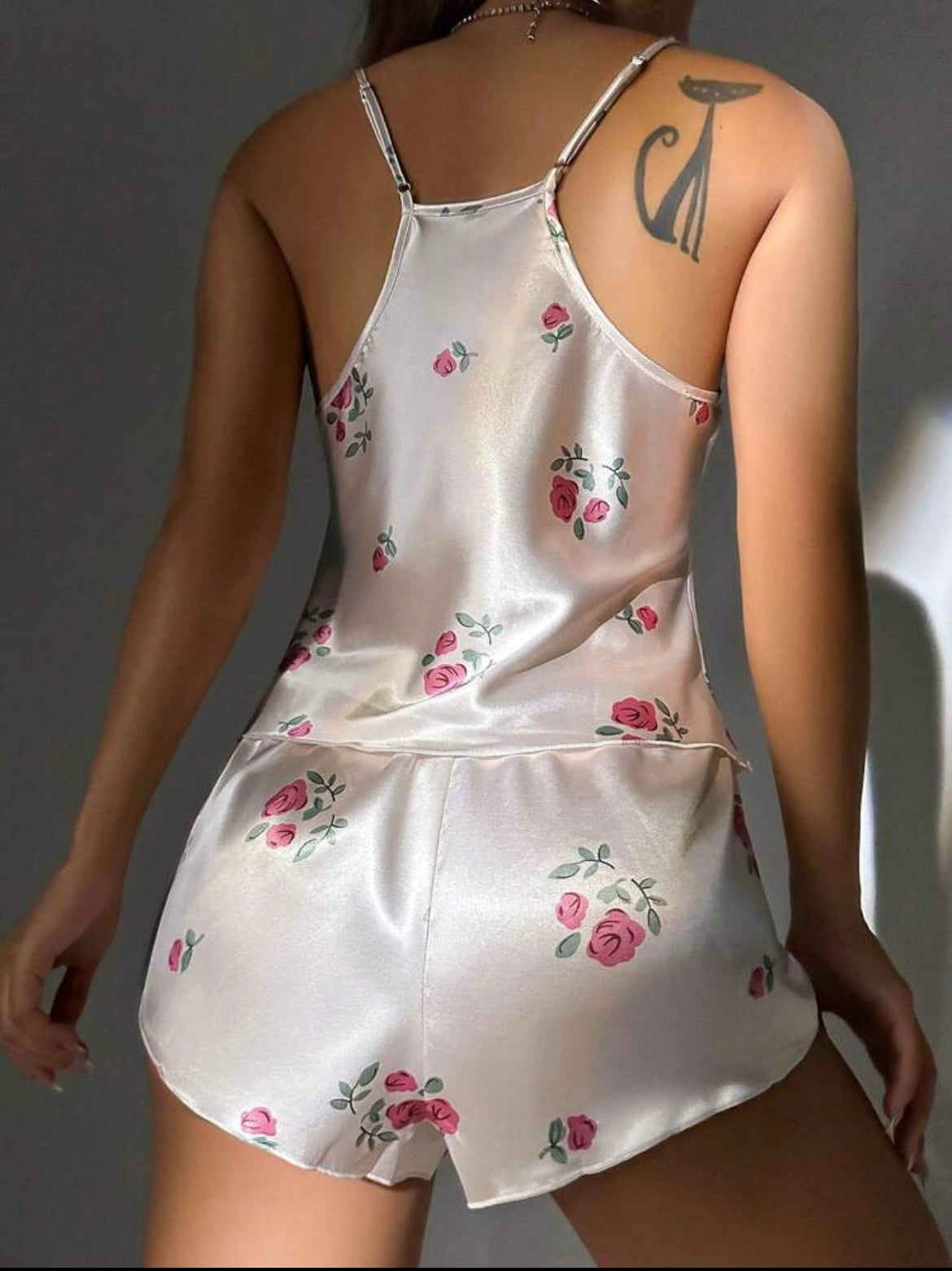 Floral Print Lace Trim Satin Cami Top & Shorts PJ Set / Pajama Set Bridallingerie