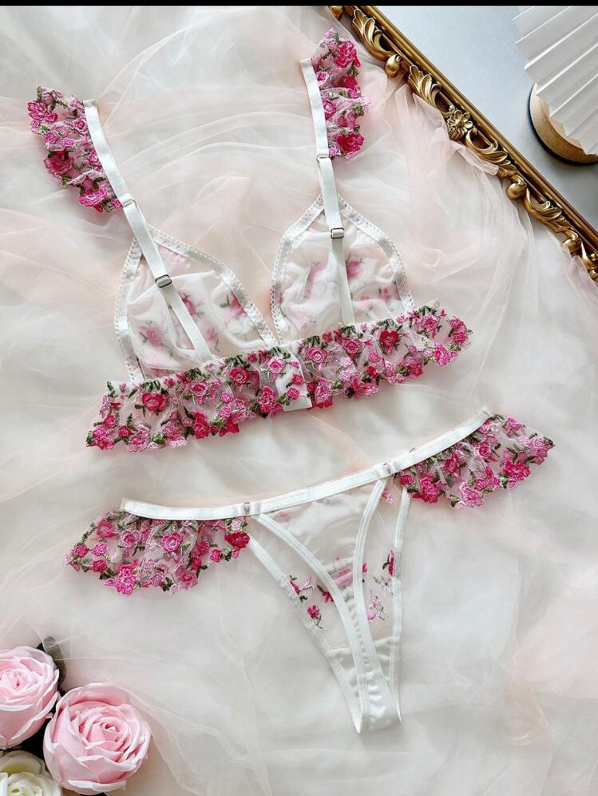 2pcs/Set Women Romantic Floral Embroidered Lingerie Set