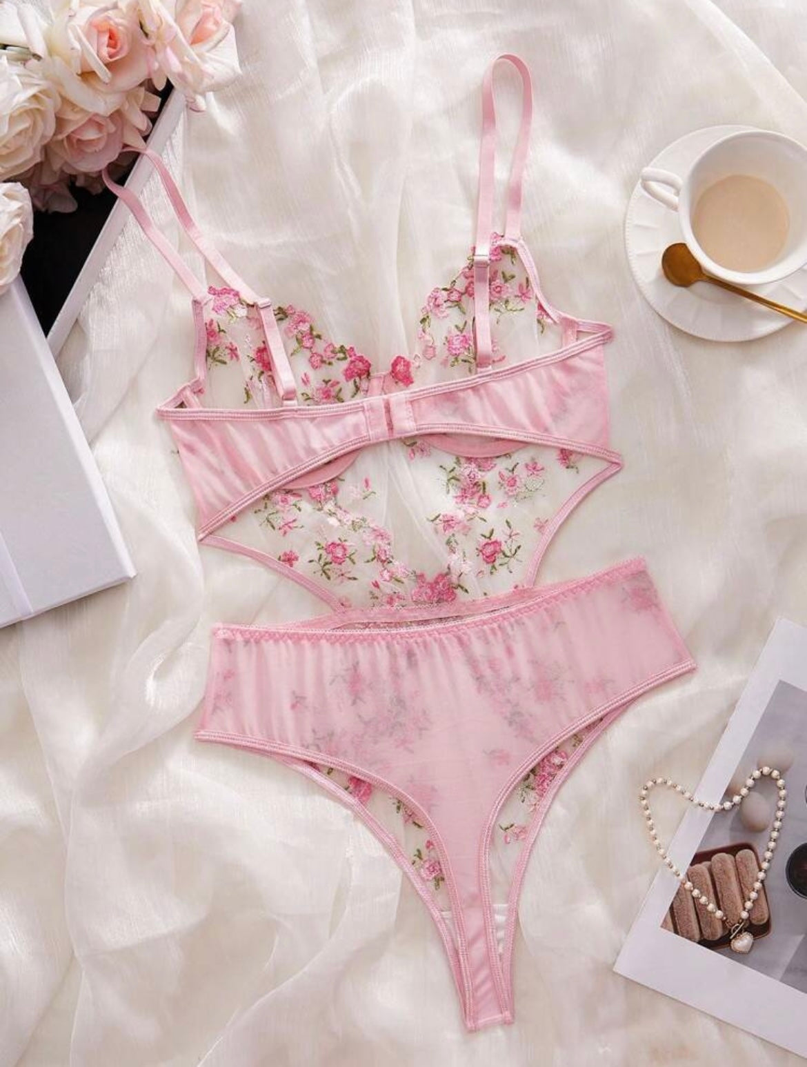 Sexy Lingerie For Women, Pink Floral Embroidery Mesh Cut-Out Backless Jumpsuit, Suitable For Intimate Nightwear, Club Wear, Valentine's Day