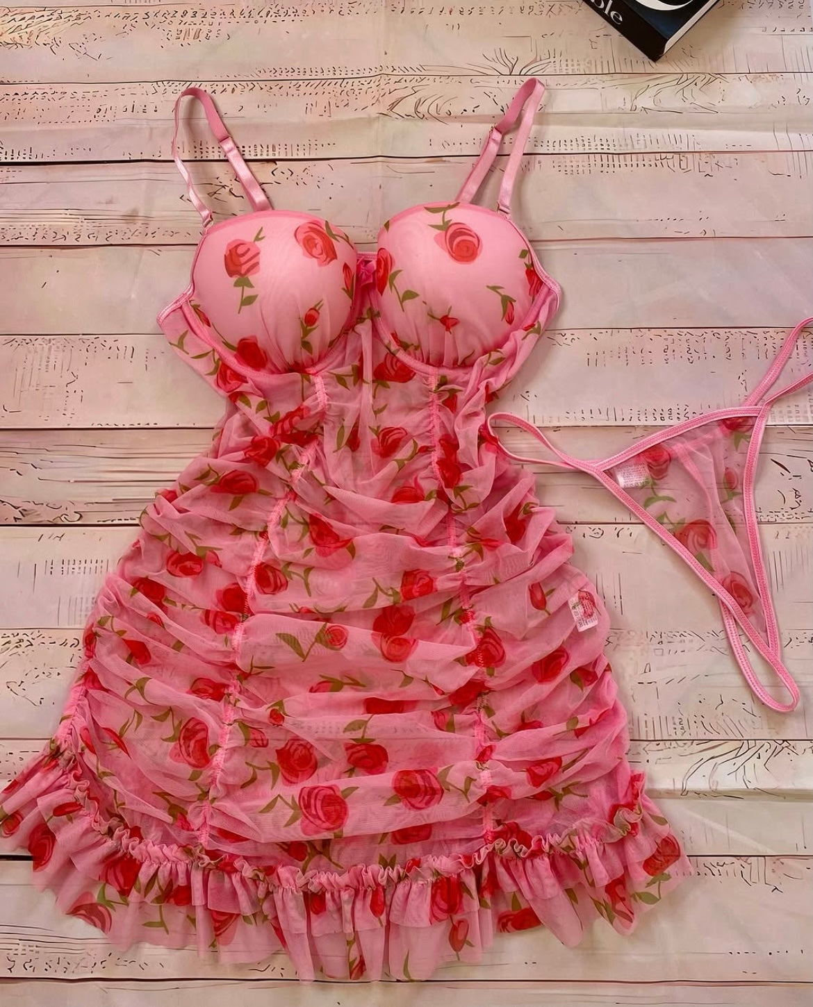 Floral Print Ruched Ruffle Hem Underwire Mesh Sexy Lingerie Dress With Thong