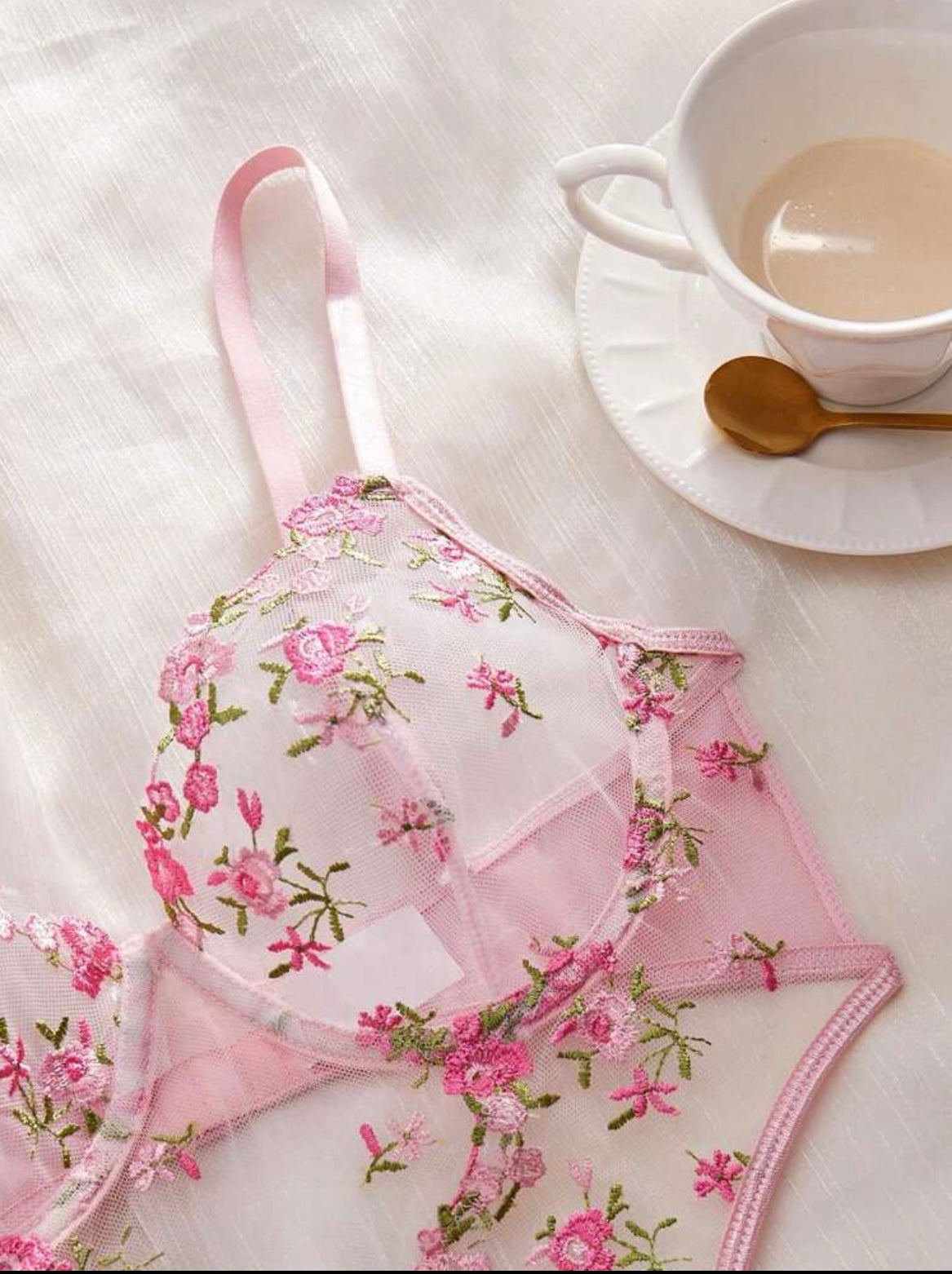 Sexy Lingerie For Women, Pink Floral Embroidery Mesh Cut-Out Backless Jumpsuit, Suitable For Intimate Nightwear, Club Wear, Valentine's Day