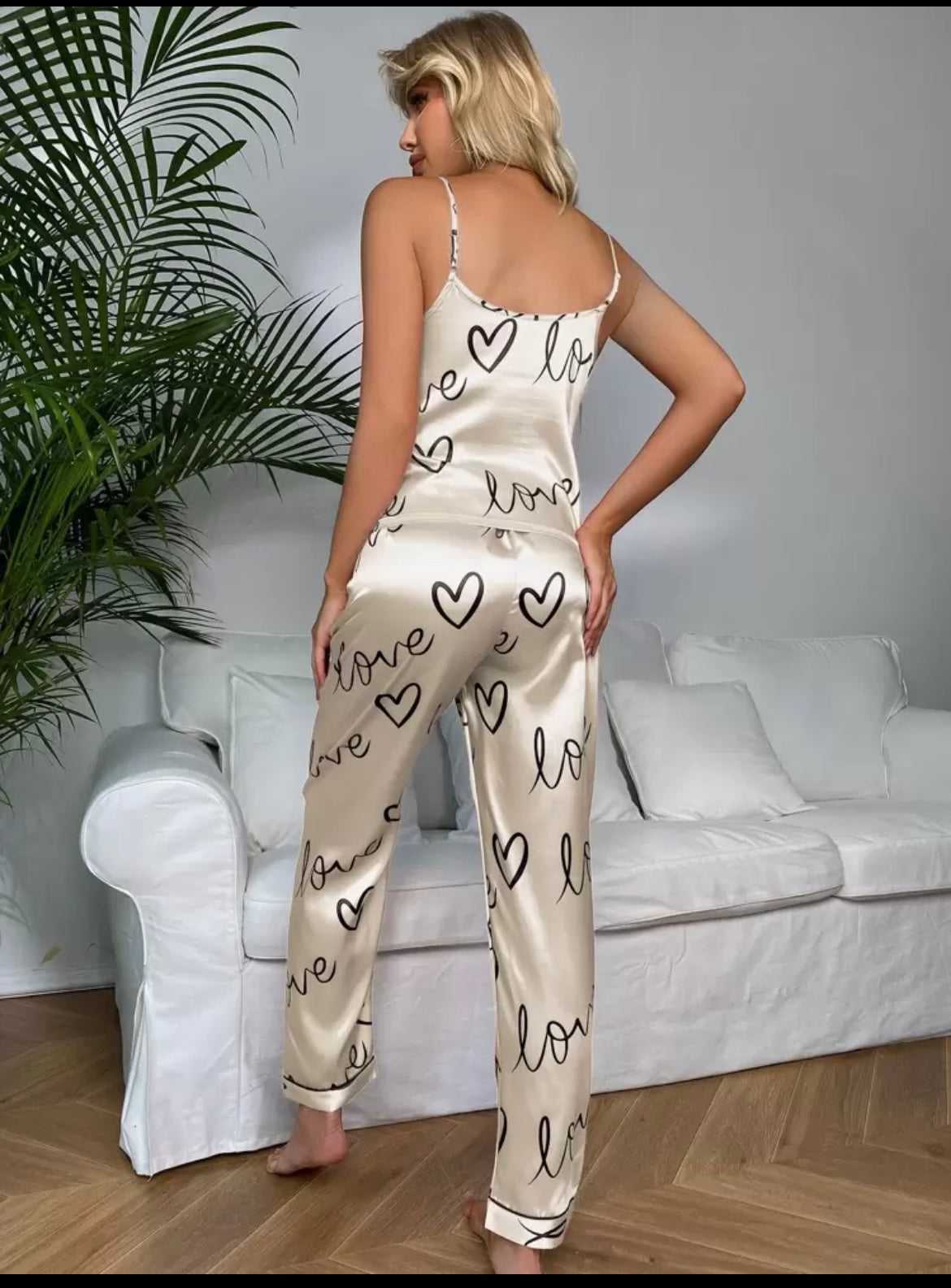 Heart & Letter Graphic Satin PJ Set / Pajama Set