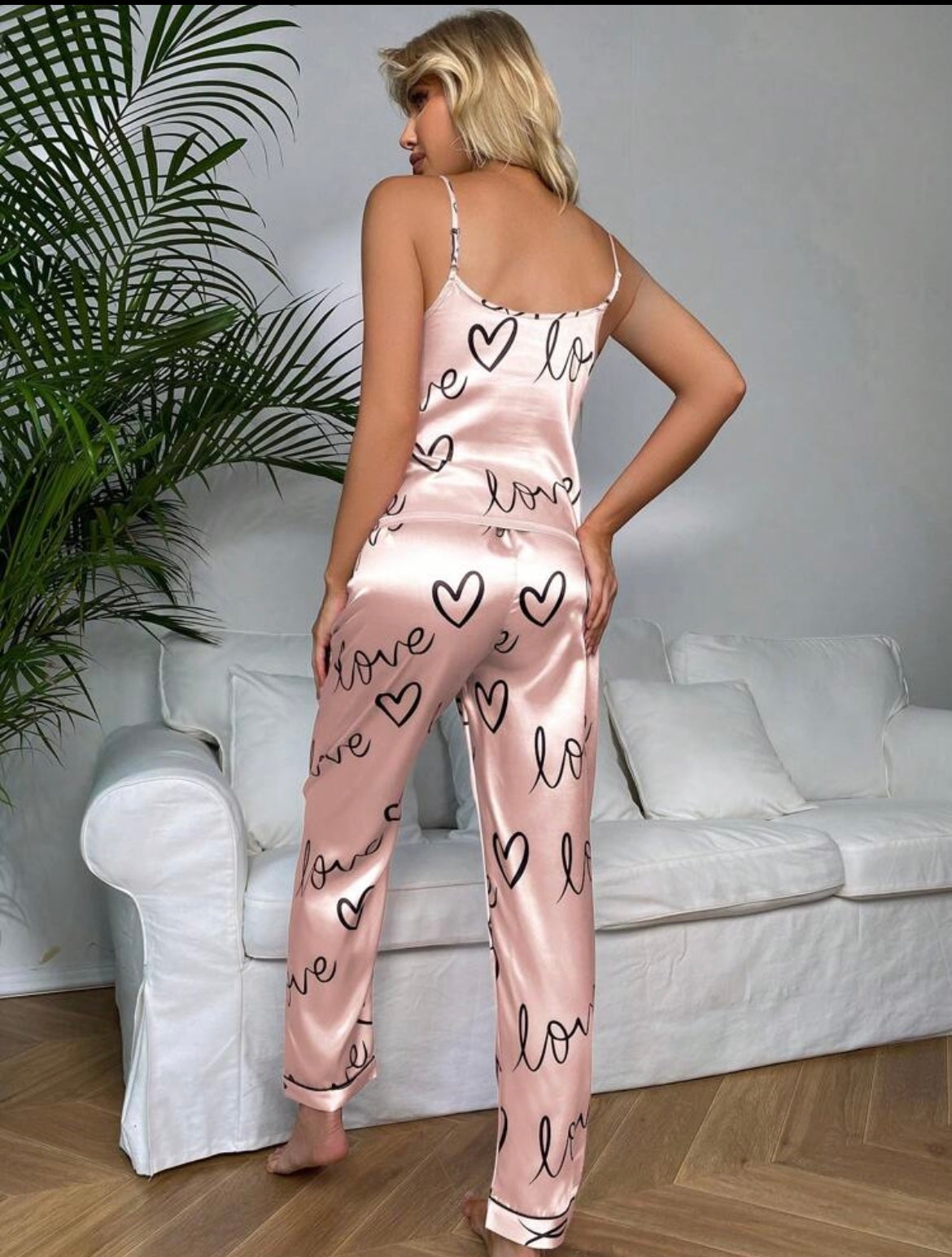 Heart & Letter Graphic Satin PJ Set / Pajama Set