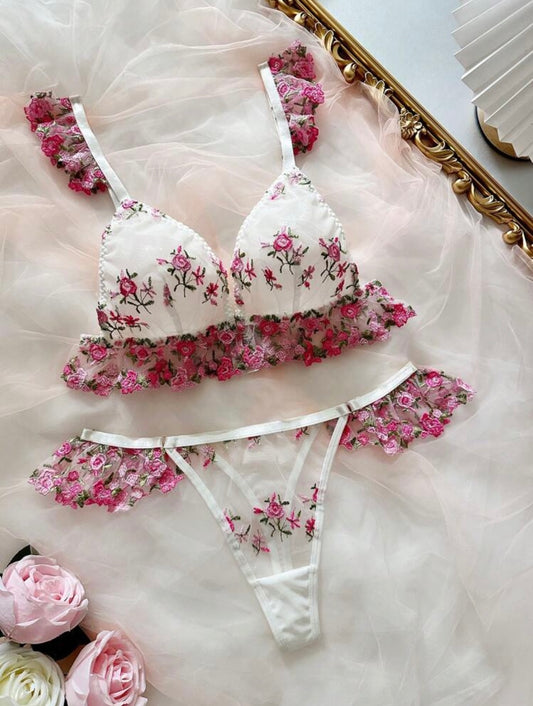 2pcs/Set Women Romantic Floral Embroidered Lingerie Set
