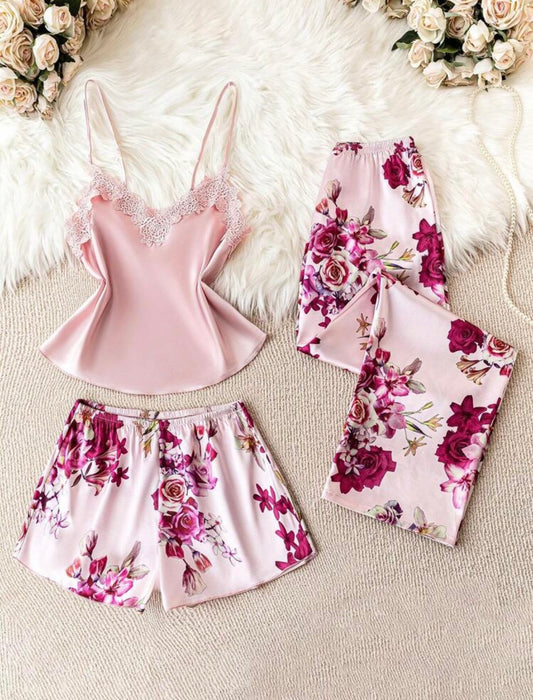 Women's Pink Floral Printed Cami Top And Shorts Pajama Set