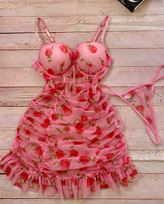 Floral Print Ruched Ruffle Hem Underwire Mesh Sexy Lingerie Dress With Thong