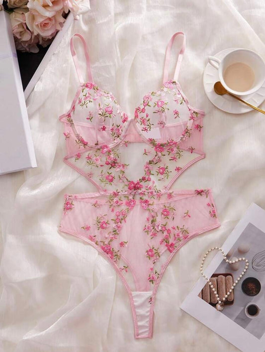 Sexy Lingerie For Women, Pink Floral Embroidery Mesh Cut-Out Backless Jumpsuit, Suitable For Intimate Nightwear, Club Wear, Valentine's Day